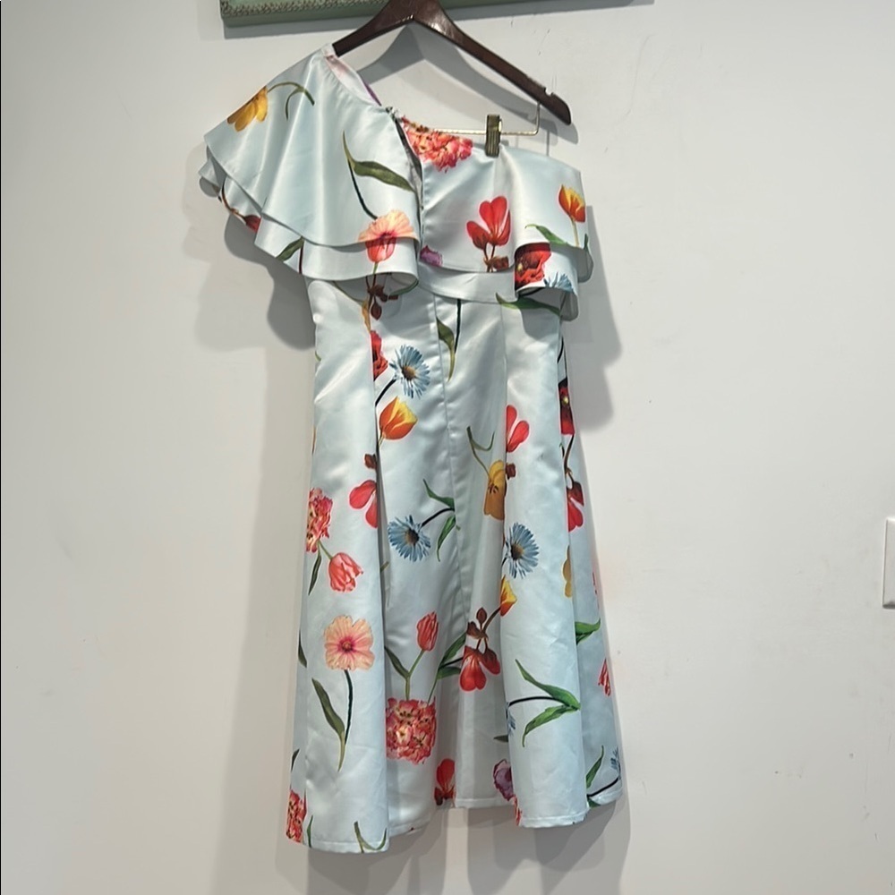 True Violet Sateen Garden floral powder blue Ruffled One Shoulder Sundress 10 - Picture 8 of 12